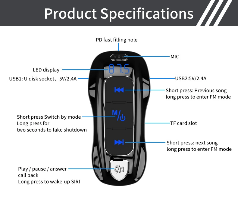 Colorful Light USB Car Charger Bluetooth Handsfree Music Audio Wireless FM Transmitter Radio Bluetooth Car Kits Car MP3 Player